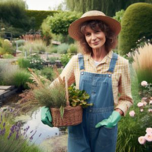 Eine Hobbygärtnerin50+ in Latzhose, mit Strohhut und einem Ernte-Korb in der Hand, steht in ihrem üppig blühenden Garten mit Bachlauf, Ziergräsern und Rosensträuchern.