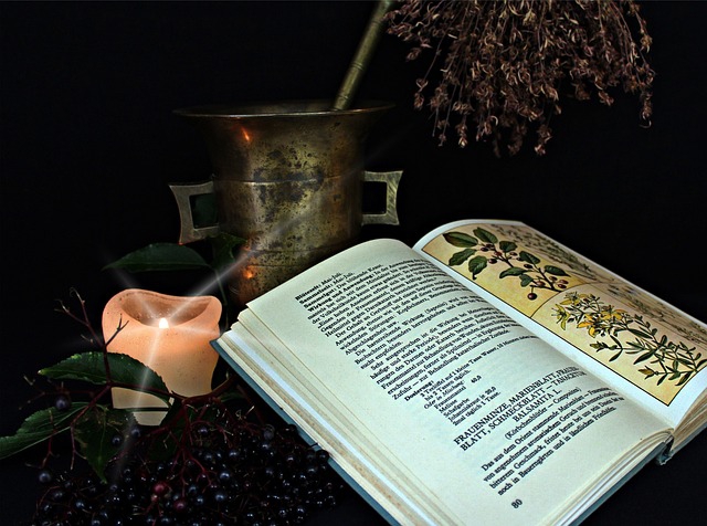 Ein aufgeschlagenes Kräuterbuch, ein Bund getrockneter Kräuter, ein goldener Mörser und eine brennende Kerze symbolisieren die Pflanzenheilkunde.