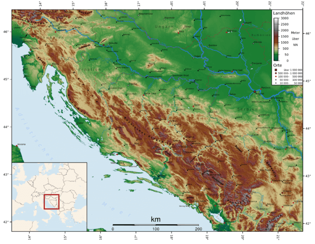 Geografische Karte des Dinarischen Gebirges
