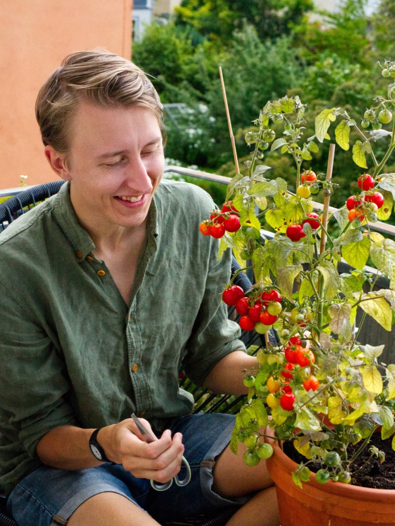Auf dem Balkon sitzt ein junger Mann mit Jeansshorts und grünem Sommerhemd vor einer Kübel, in dem eine Tomatenpflanze mit reifen Kirschtomaten gedeiht. Der Mann hält eine Schwer in der hand und lächelt.