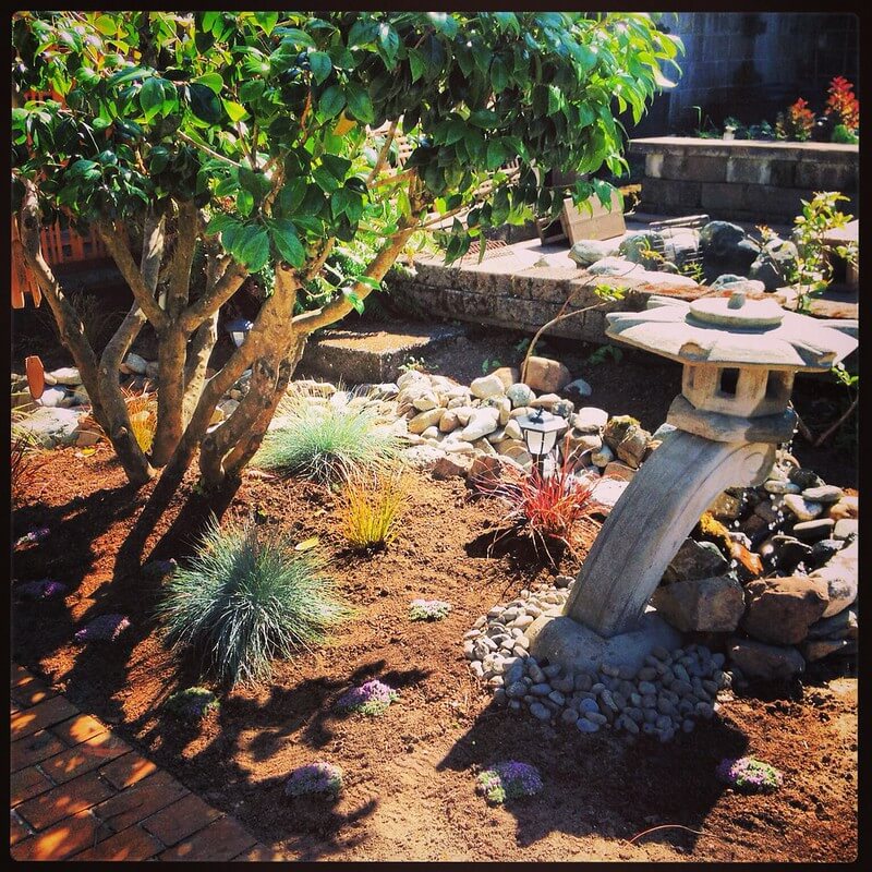Blick auf einen Zengarten unter einem Kirschlorbeerbaum, der vollkommen überladen ist mit Dekoelementen und keinen Kies oder Sand aufweist.