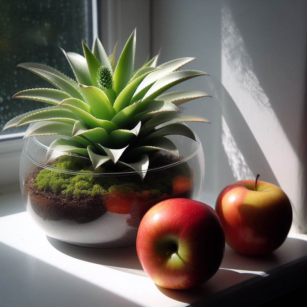 Auf einem Fensterbrett steht eine Bromelie im Glasgefäß, die gerade ihre Blütezeit beginnt. Neben der Bromelie liegen zwei Äpfel. 