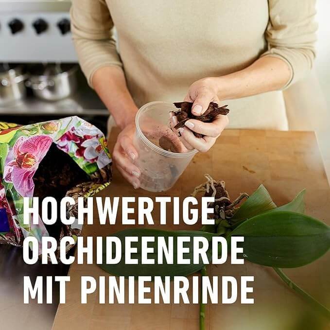 Eine Frau füllt Orchideenerde von Compo Sana in einen Kulturtopf