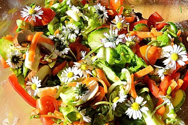 Rohkost Salat mit Margeritenblüten und Blättern.